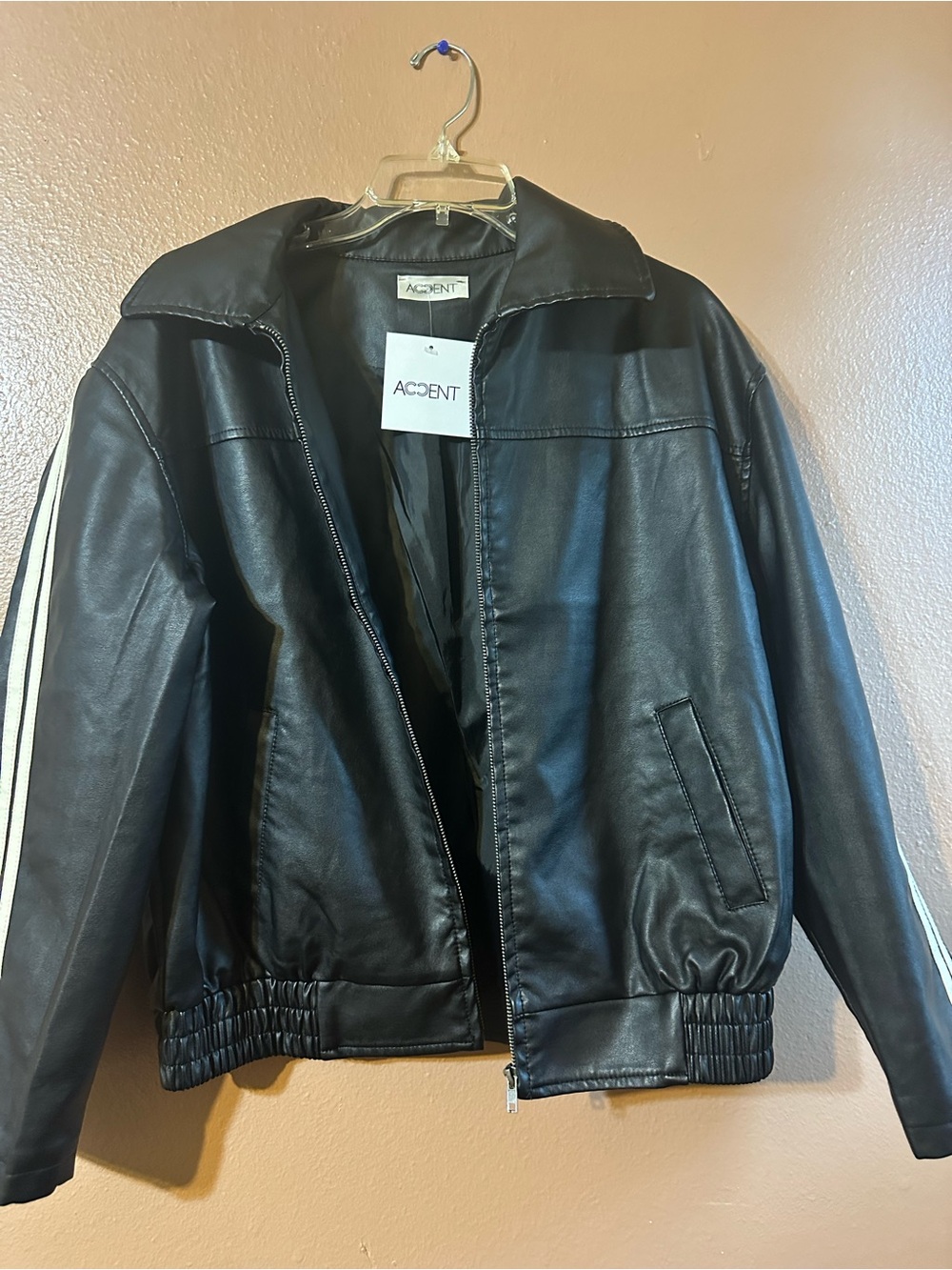 Men's Black Faux Leather Bomber Jacket with White Sleeve Stripes